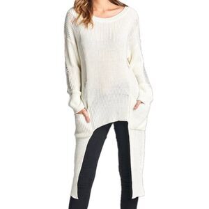 Active USA NWT Women's Distressed Hi Lo Column Knit Stitch Crew Neck Sweater S